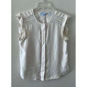 Draper James Women's Blouse Size 8 White 100% Silk Lace Details Chic Boho Classy